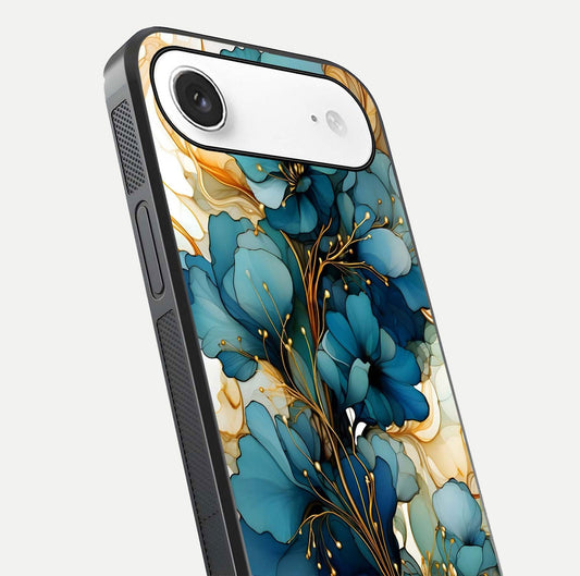 Golden Bloom Symphony Glass Case for iPhone Air close-up angled shot showing detailed petals and metallic gold reflection