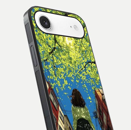 Golden Leaves Glow Glass Case for iPhone Air close-up angled shot showing fine leaf texture and reflection shine