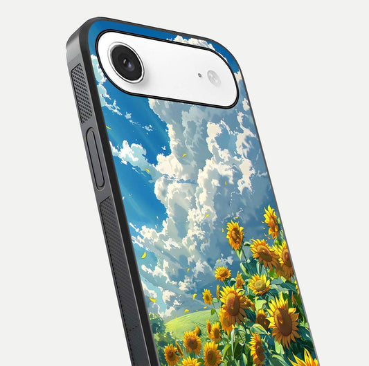 Golden Sun Glory Glass Case for iPhone Air close-up angled shot showing sunlight reflection and gold detailing