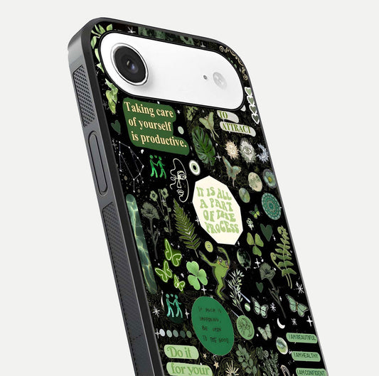 Green Moon Energy Glass Case for iPhone Air close-up angled shot showing glowing lunar detail and reflection shine