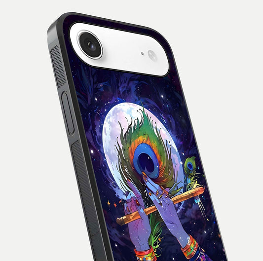 Krishna Hands Art Glass Case for iPhone Air close-up angled shot showing detailed hand design and shine