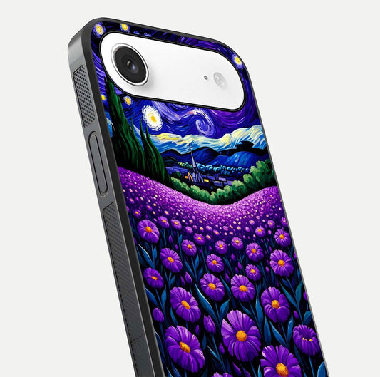 Lavender Moon Field Glass Case for iPhone Air close-up angled shot showing moon glow and purple detailing