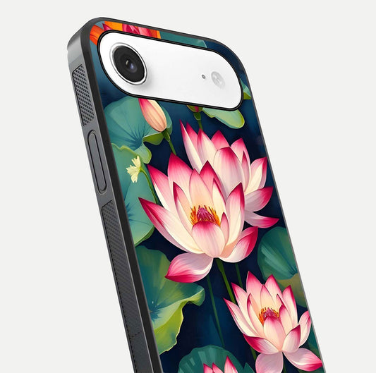 Lotus Dream Serenity Glass Case for iPhone Air close-up angled shot showing floral details and soft shine