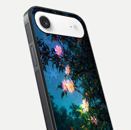 Midnight Bloom Glow Glass Case for iPhone Air close-up angled shot showing petal highlights and glow reflection
