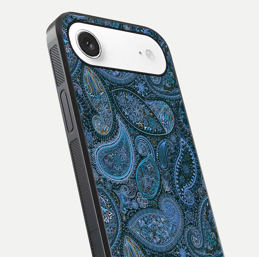 Midnight Paisley Glow Glass Case for iPhone Air close-up angled shot showing floral details and gloss texture