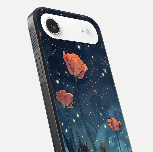 Midnight Tulip Glow Glass Case for iPhone Air close-up angled shot showing petal details and reflection glow