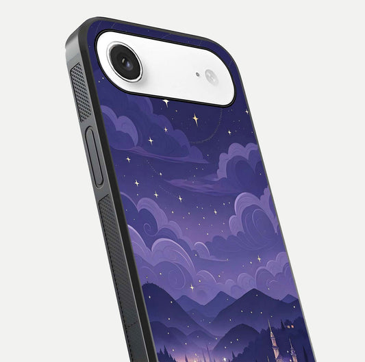 Minimal Night View Glass Case for iPhone Air close-up angled shot showing lights reflection and dark tone details