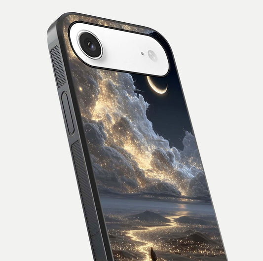 Moonlight Spark Path Glass Case for iPhone Air close-up angled shot showing glowing stars and reflection