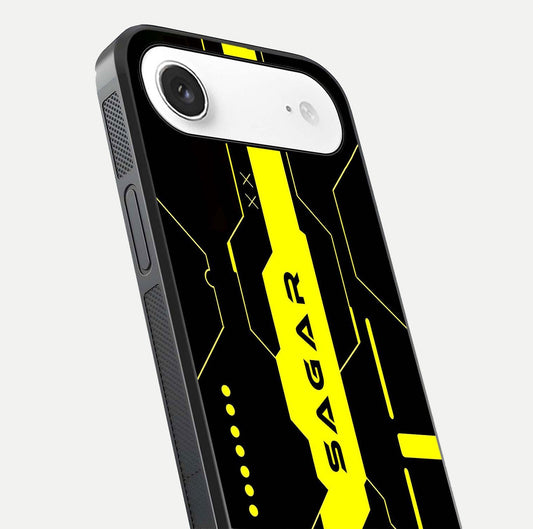Neon CYBERPUNK Custom Name Glass Case for iPhone Air close-up angled shot highlighting electric colors and reflection