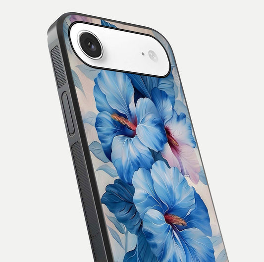 Ocean Hibiscus Grace Glass Case for iPhone Air close-up angled shot highlighting floral glow and HD shine