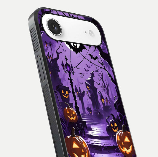 Pumpkin Patch Halloween Glass Case for iPhone Air close-up angled shot highlighting pumpkin texture and shine