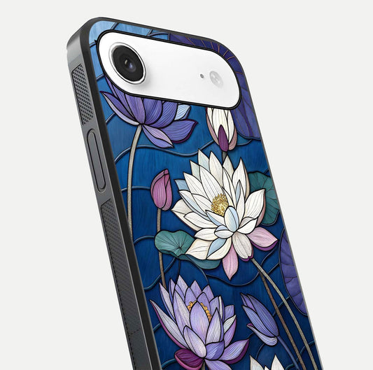 Purple Lotus Stained Glass Case for iPhone Air close-up angled shot highlighting glass pattern and reflection