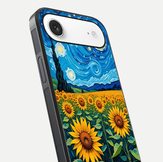 Starry Sunflower Dreams Glass Case for iPhone Air close-up angled shot highlighting petal texture and gloss