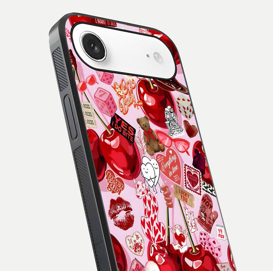 Sweet Cherry Chaos Glass Case for iPhone Air close-up angled shot highlighting red tone contrast and reflection