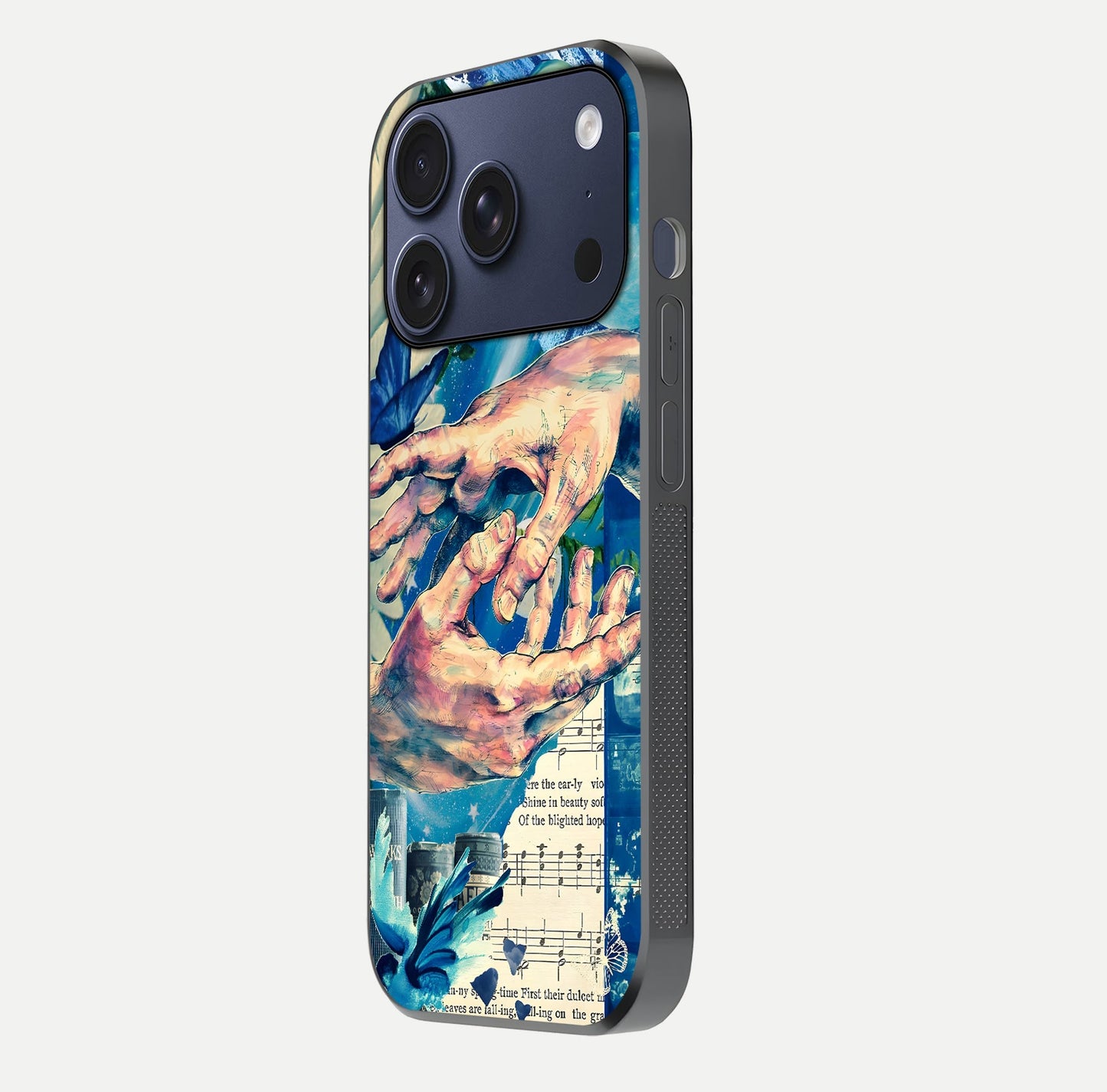 Aesthetic Divider Glass Case for iPhone 17 Pro side-angle image showing divider pattern print, camera module, and glossy finish reflection