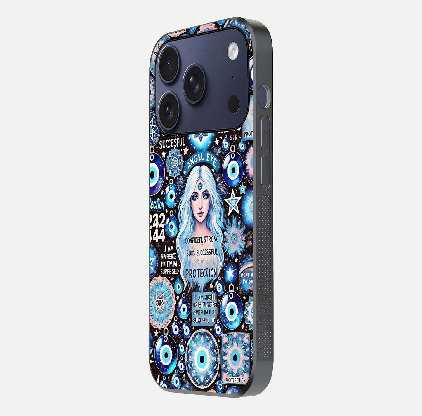 Angel Aura Shield Glass Case for iPhone 16 Pro side-angle photo showcasing aura details and glossy surface reflection
