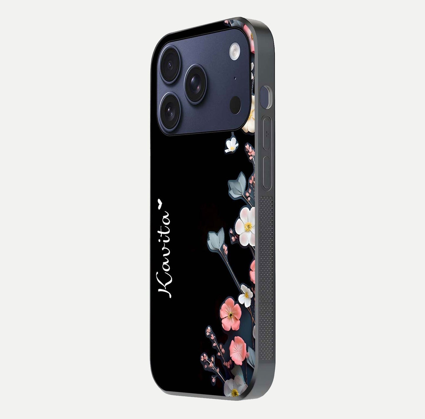 Black Elegance Floral Custom Name Glass Case for iPhone 16 Pro side-angle showing black gloss depth and delicate print texture
