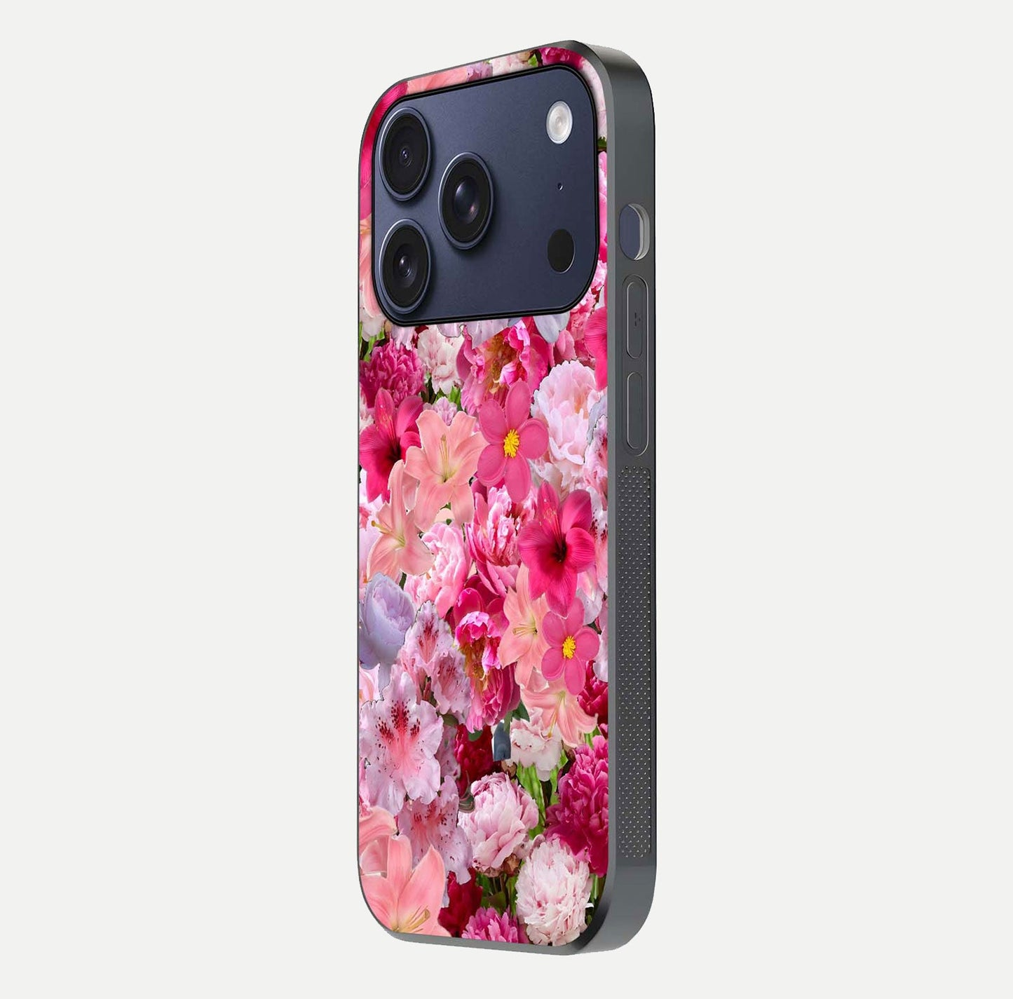 Bloom Crush Fantasy Glass Case for iPhone 17 Pro side-angle shot with fantasy bloom art and gloss surface
