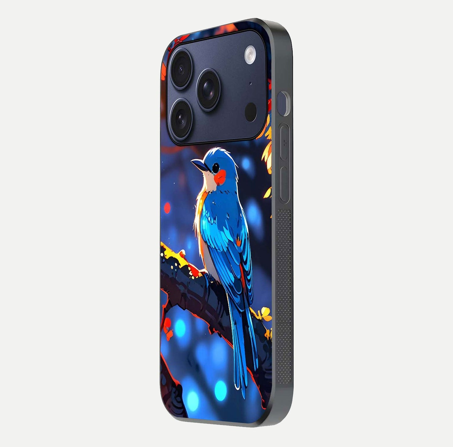 Blooming Spendor Bird Glass Case for iPhone 17 Pro side-angle photo showing floral wings and reflection finish
