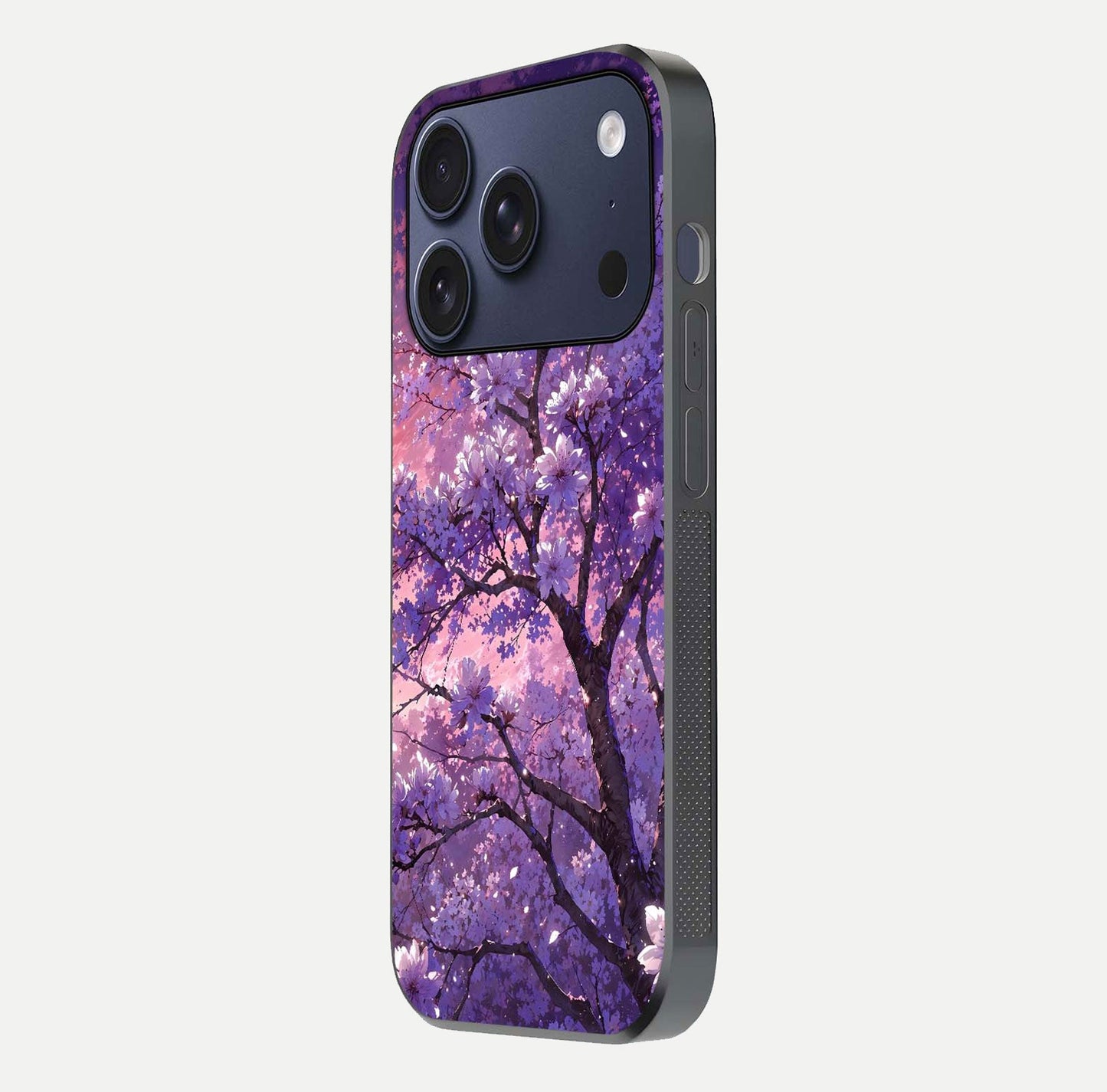 Blossom Tree Glass Case for iPhone 17 Pro side-angle image showing floral tree artwork and reflection gloss