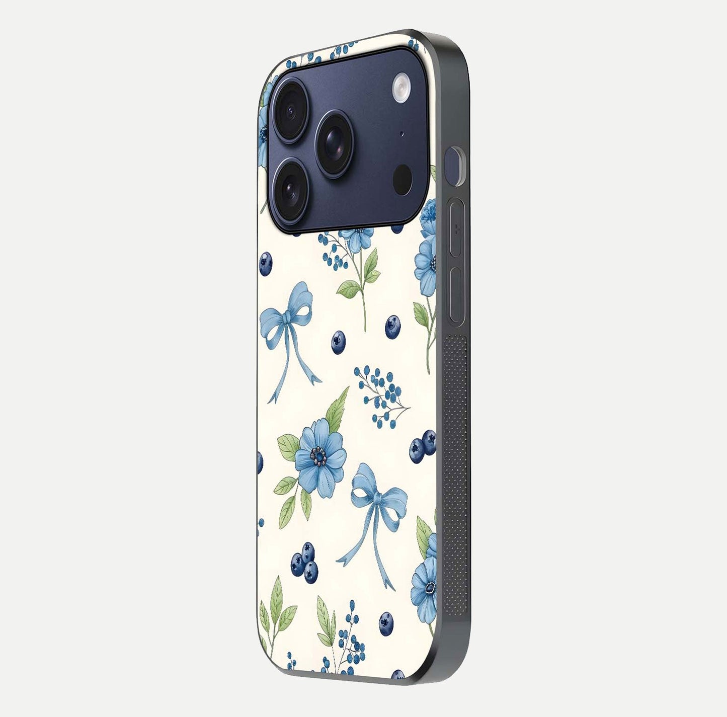 Blue Flower & Bow Glass Case for iPhone 17 Pro side-angle image showing bow-floral mix and HD finish shine