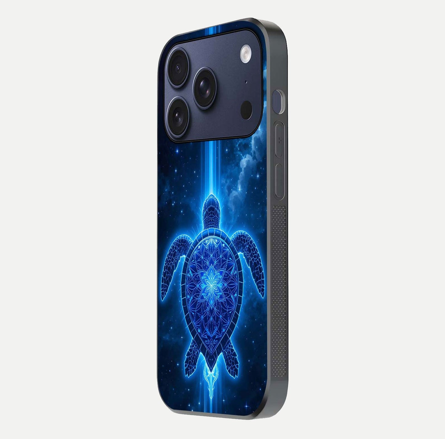 Blue Galaxy Turtle Glass Case for iPhone 16 Pro side-angle photo capturing galaxy shine and smooth edge design