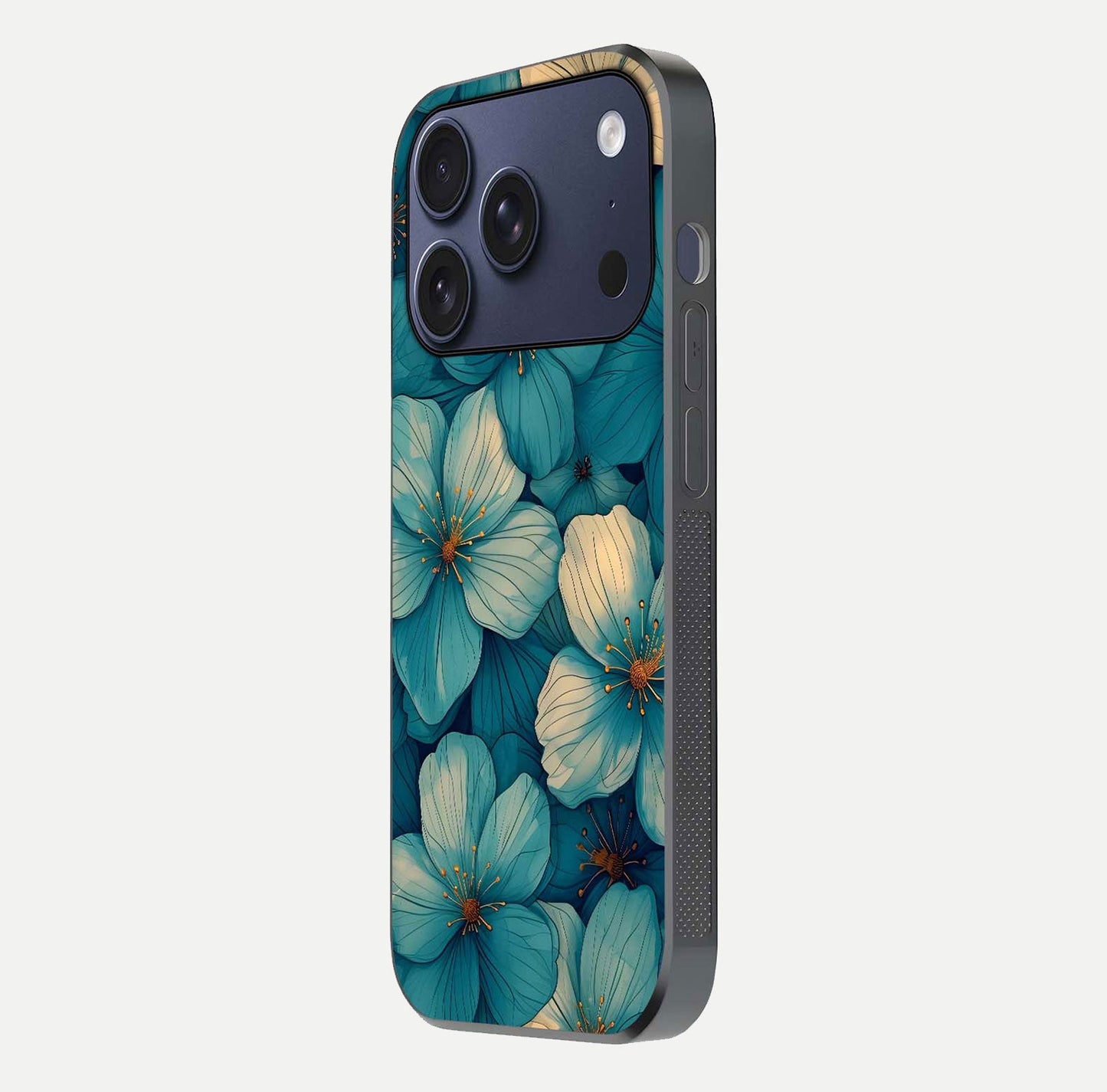 Blue Shade Floral Glass Case for iPhone 17 Pro side-angle photo showing detailed floral hues and curved glass shine