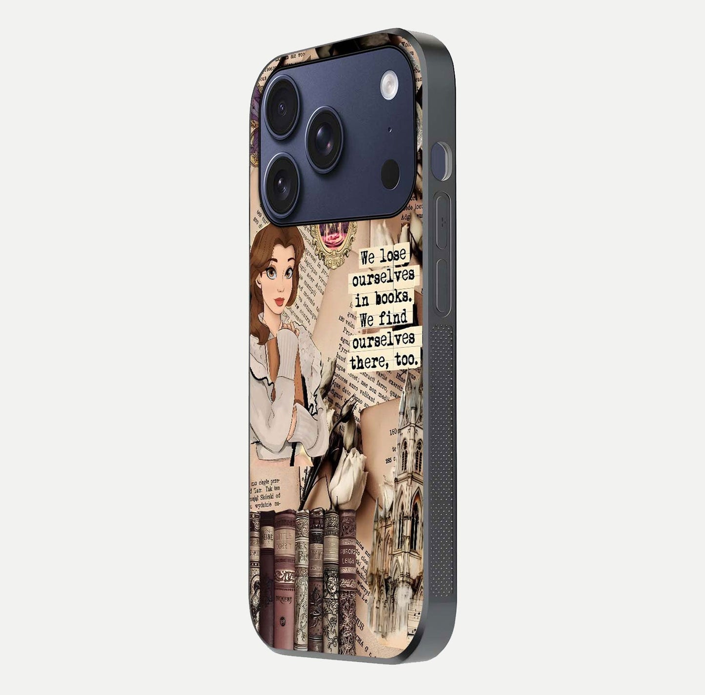 Bookish Dream World Glass Case for iPhone 17 Pro side-angle image showing detail depth and smooth corner polish