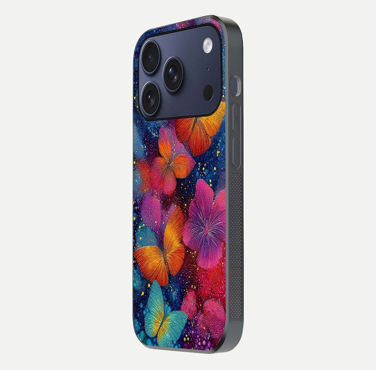 Butterfly Dream Mist Glass Case for iPhone 17 Pro side-angle image showing soft gradient and reflective glow
