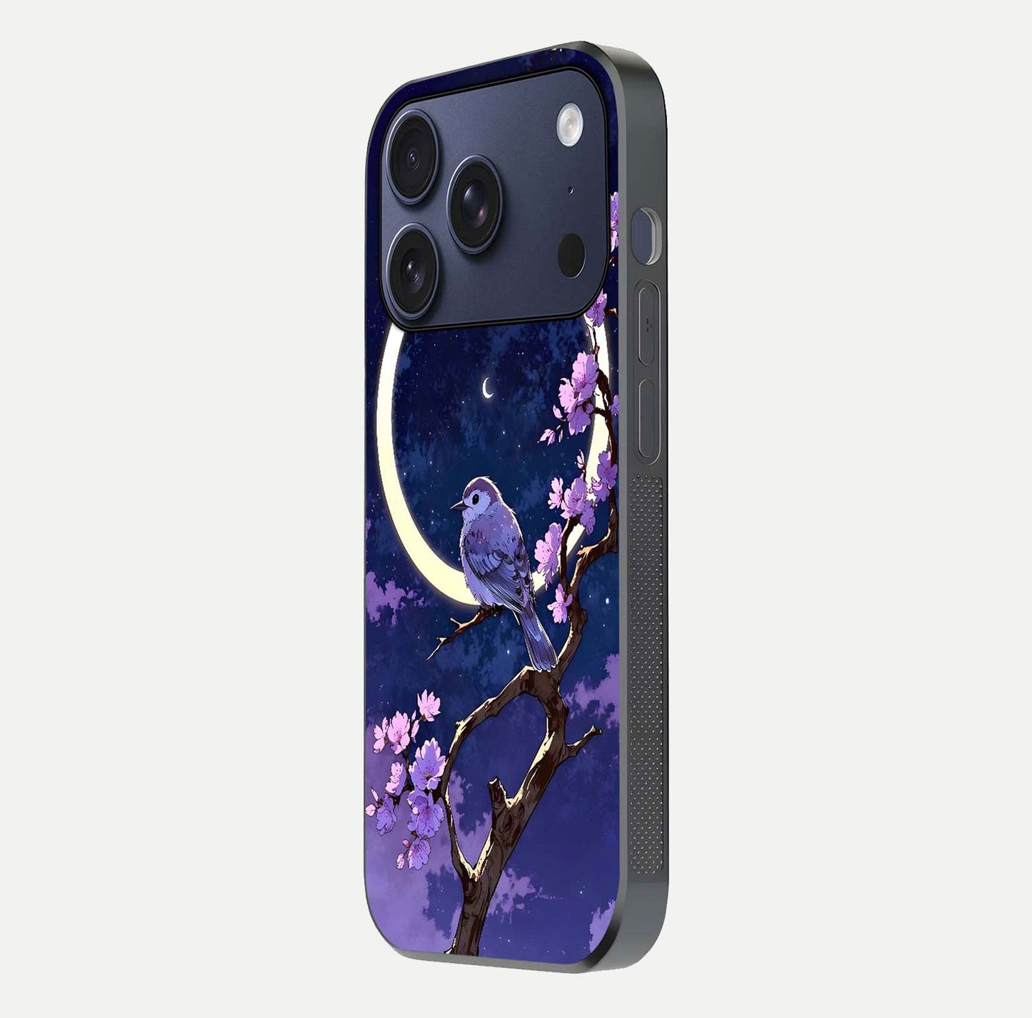 Celestial Bird Blossom Glass Case for iPhone 17 Pro side-angle image showing detailed wings and glossy polish