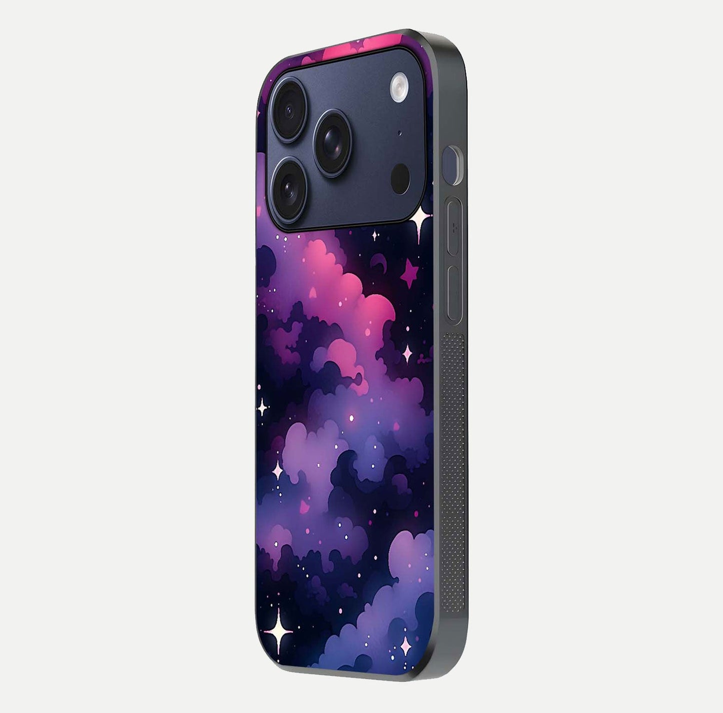 Celestial Moon Magic Glass Case for iPhone 17 Pro side-angle shot capturing soft reflection and curved gloss