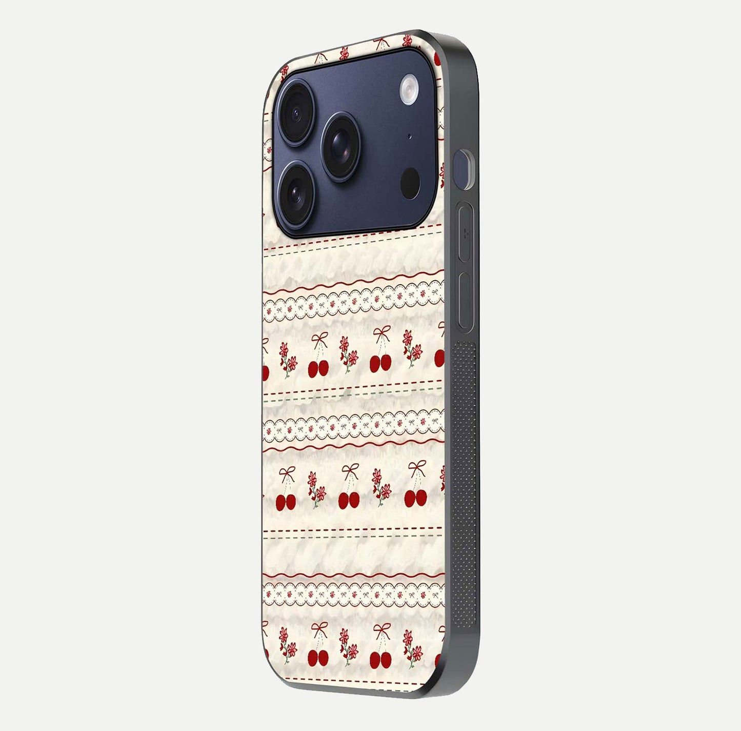 Cherry Bloom Charm Glass Case for iPhone 17 Pro side-angle photo showing flower detail and edge light