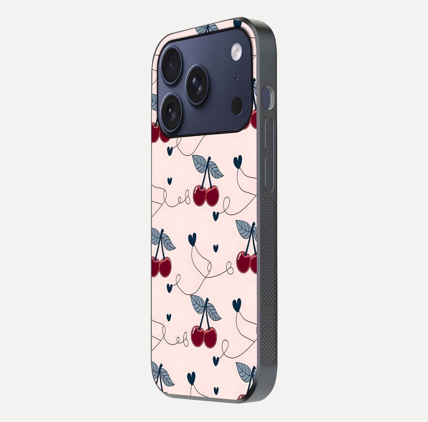 Cherry Heart Line Glass Case for iPhone 17 Pro side-angle view capturing smooth curves and shine effect