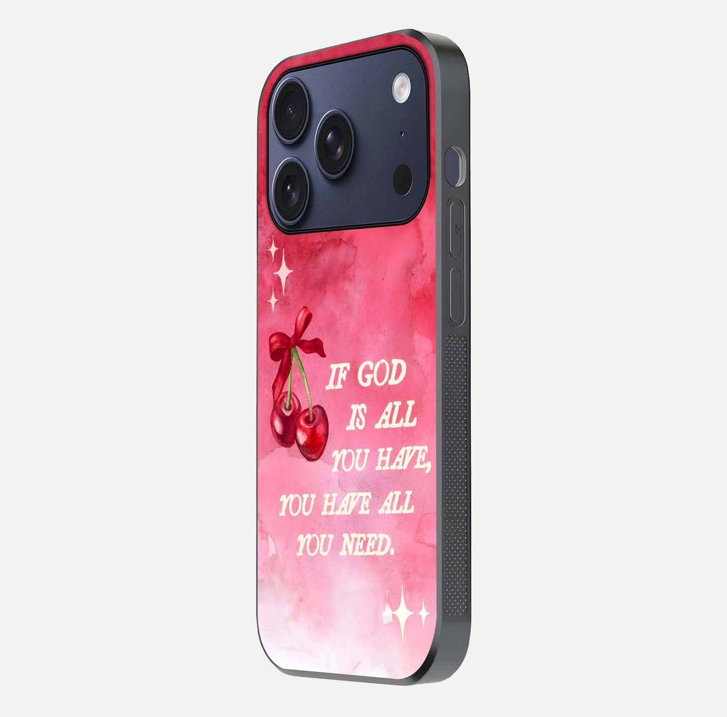 Cherry Quote Glass Case for iPhone 17 Pro side-angle image showing curve glow and glass detail