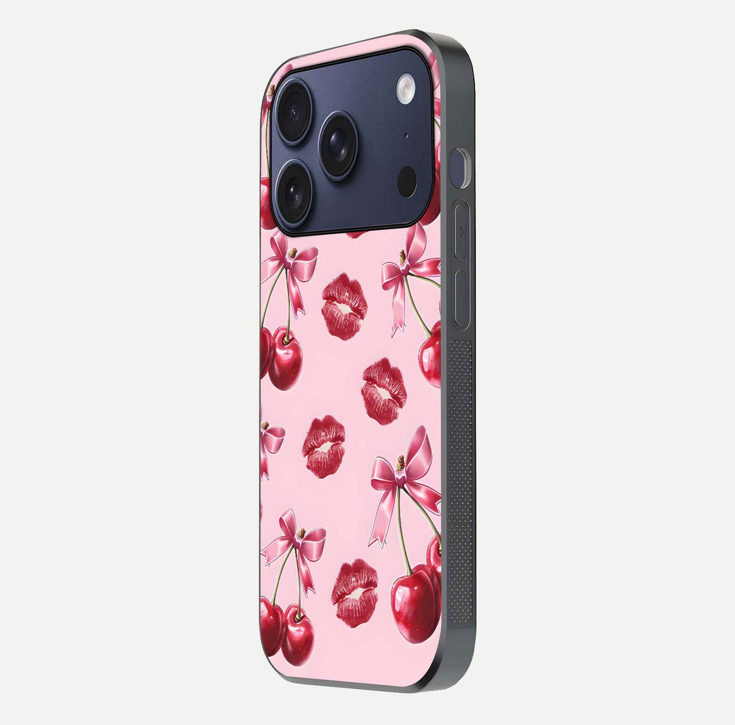 Cherry With Lips Glass Case for iPhone 17 Pro side-angle image showing gloss reflection and fine details