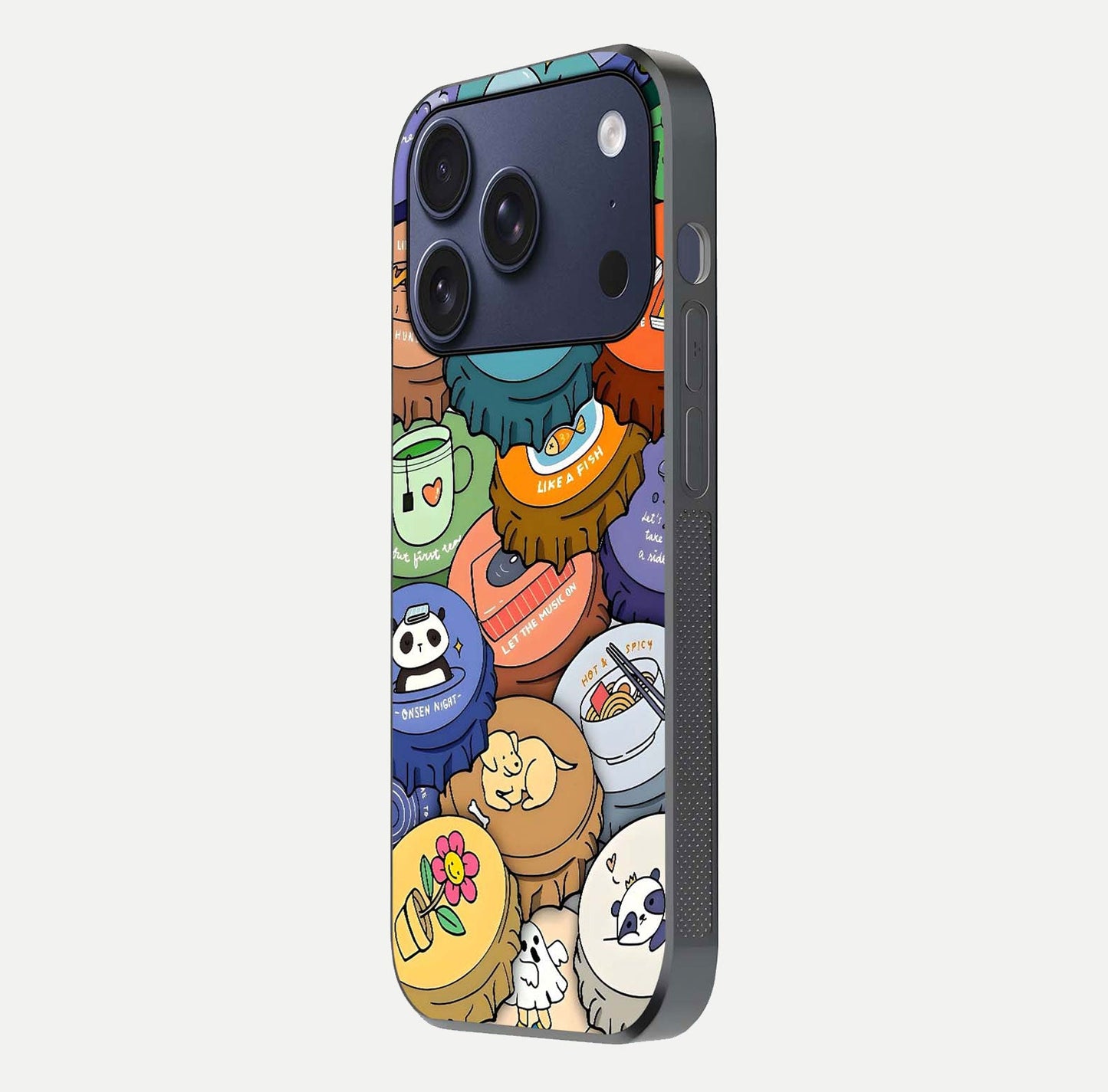 Coins Patterns Glass Case for iPhone 17 Pro side-angle photo capturing shine finish and curve glow