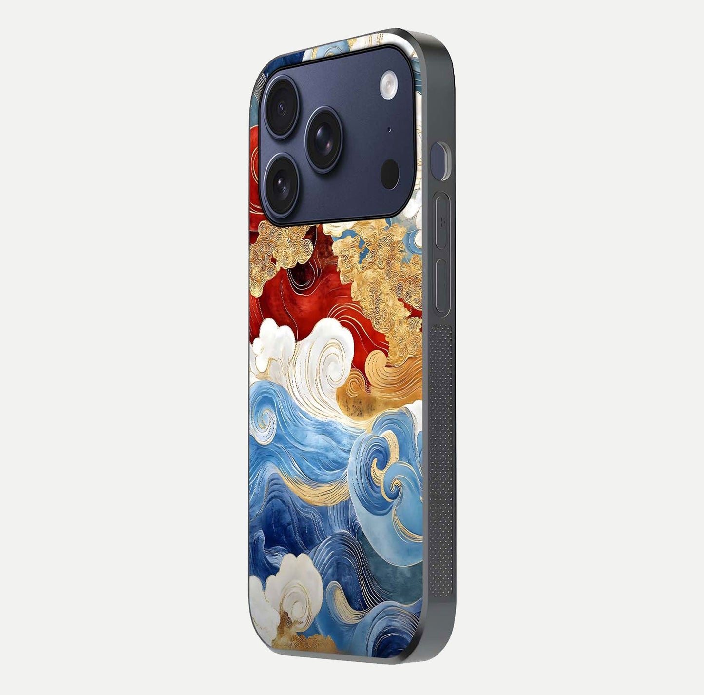 Colored Waves Glass Case for iPhone 17 Pro side-angle image showing light reflection, edge design, and shine