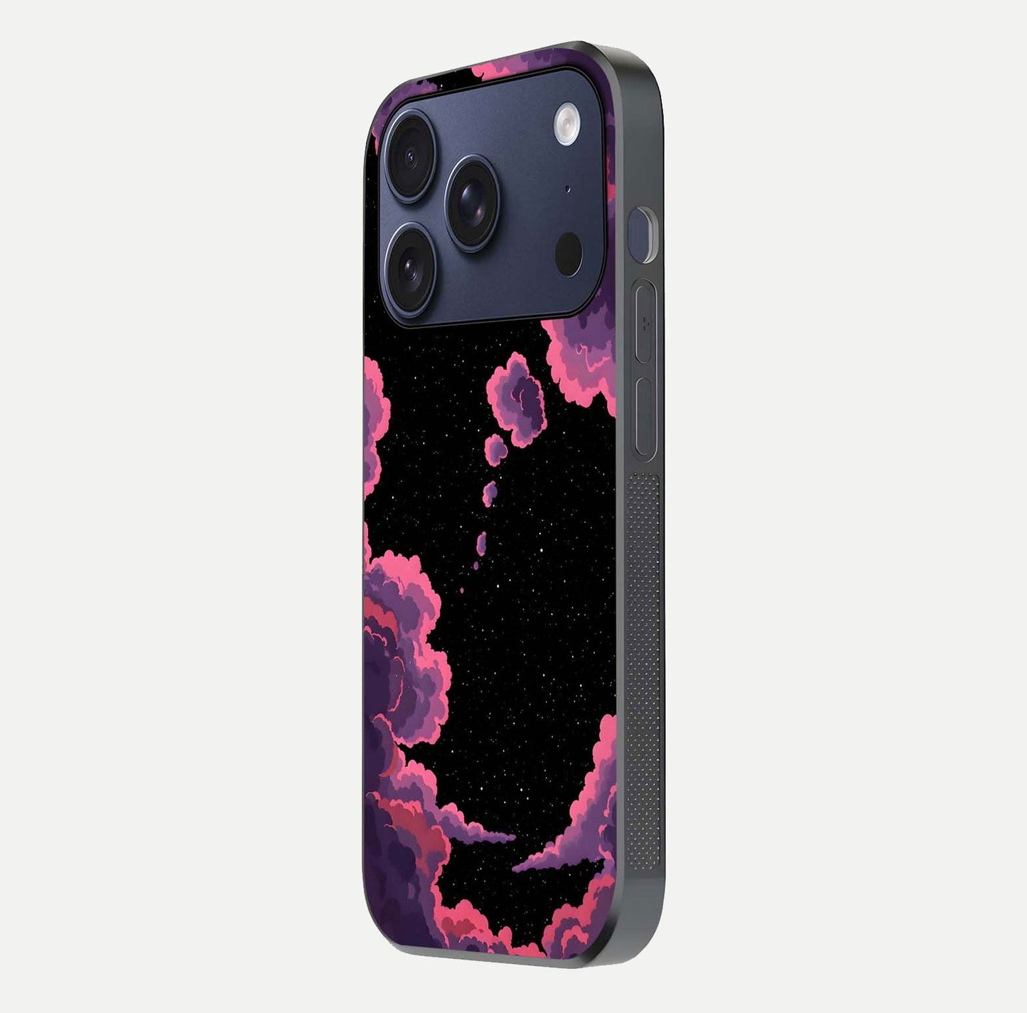 Cosmic Cloud Journey Glass Case for iPhone 17 Pro side-angle photo showing glass reflection and smooth tone