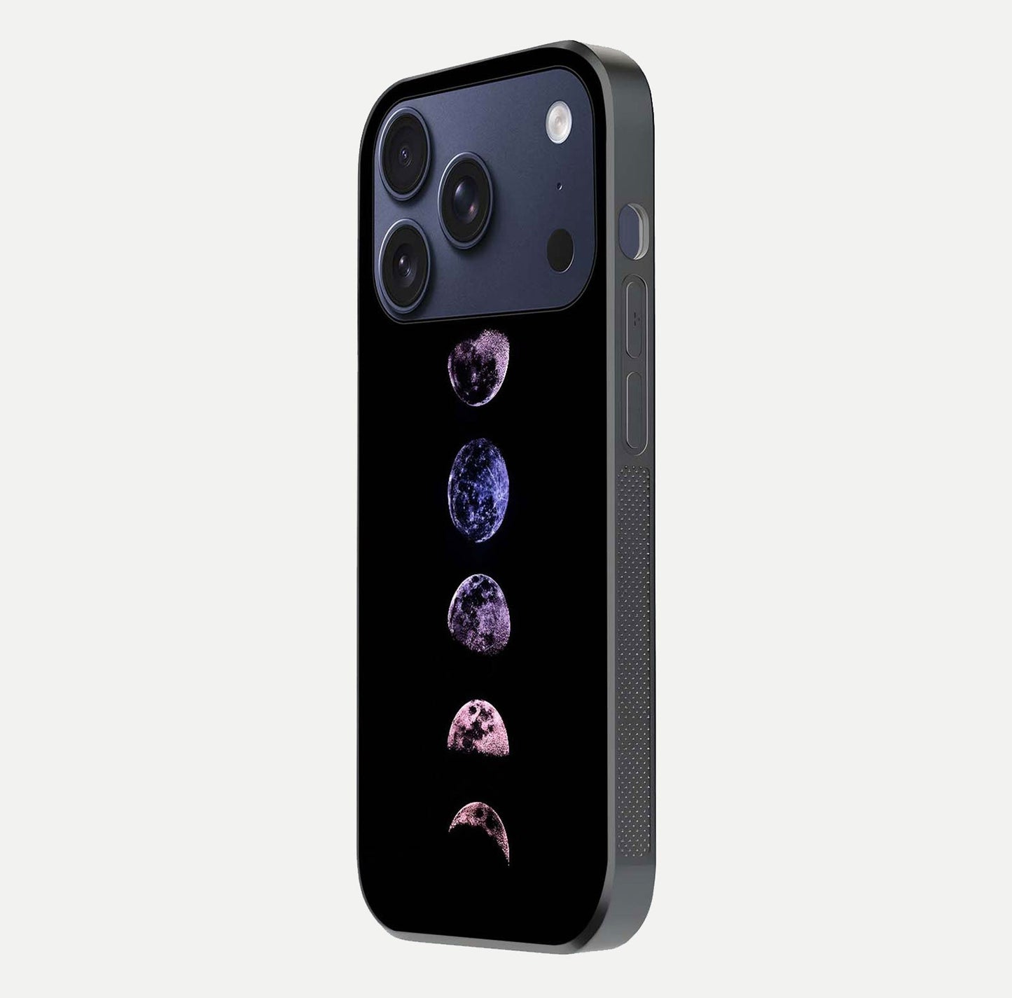 Crimson All Planets Glass Case for iPhone 17 Pro side-angle photo capturing edge glow and glass reflection