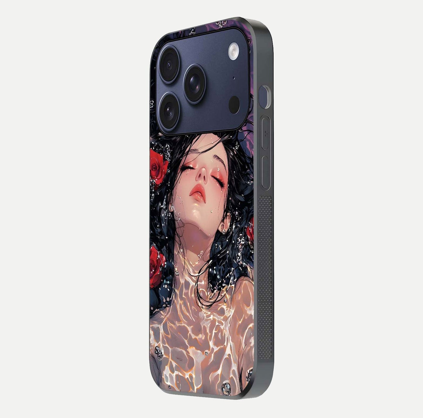 Crimson Rose Serenity Glass Case for iPhone 17 Pro side-angle photo showing glass reflection and soft edges