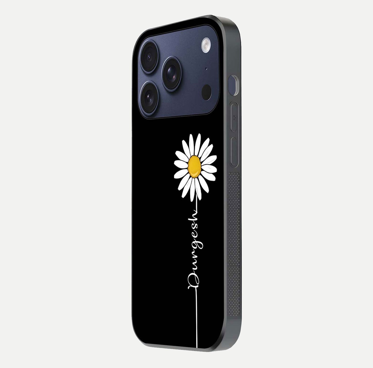 Custom Name White Flower Glass Case for iPhone 17 Pro side-angle photo showing reflection shine and name clarity