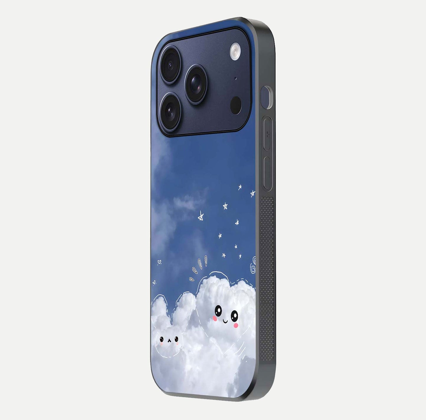 Cute Blossom Cloud Glass Case for iPhone 17 Pro side-angle image capturing gloss texture and curve reflection