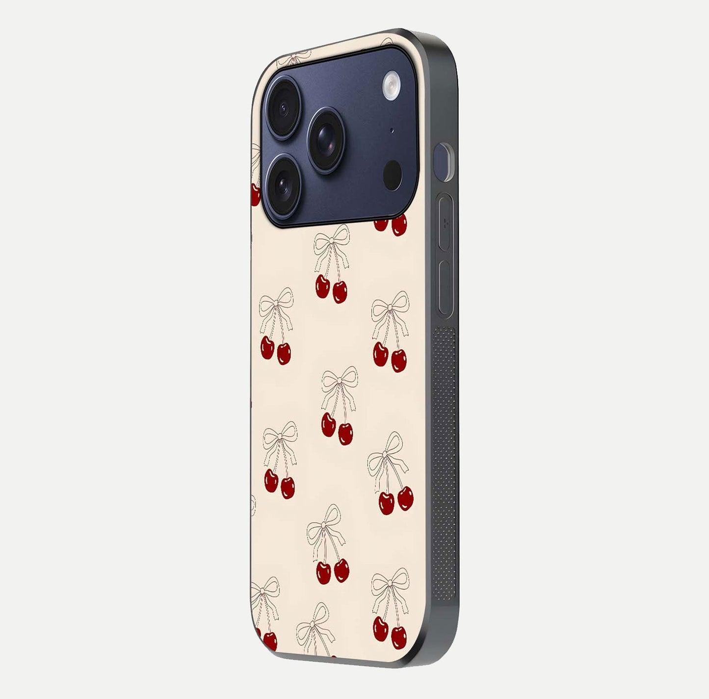 Cute Cherry Pattern Glass Case for iPhone 17 Pro side-angle photo highlighting gloss curve and pattern clarity