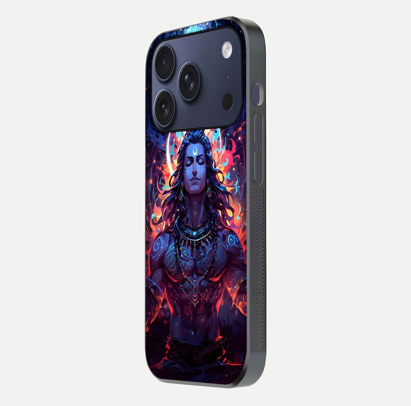 Divine Fire Shiv Glass Case for iPhone 17 Pro side-angle image showing reflection clarity and shine