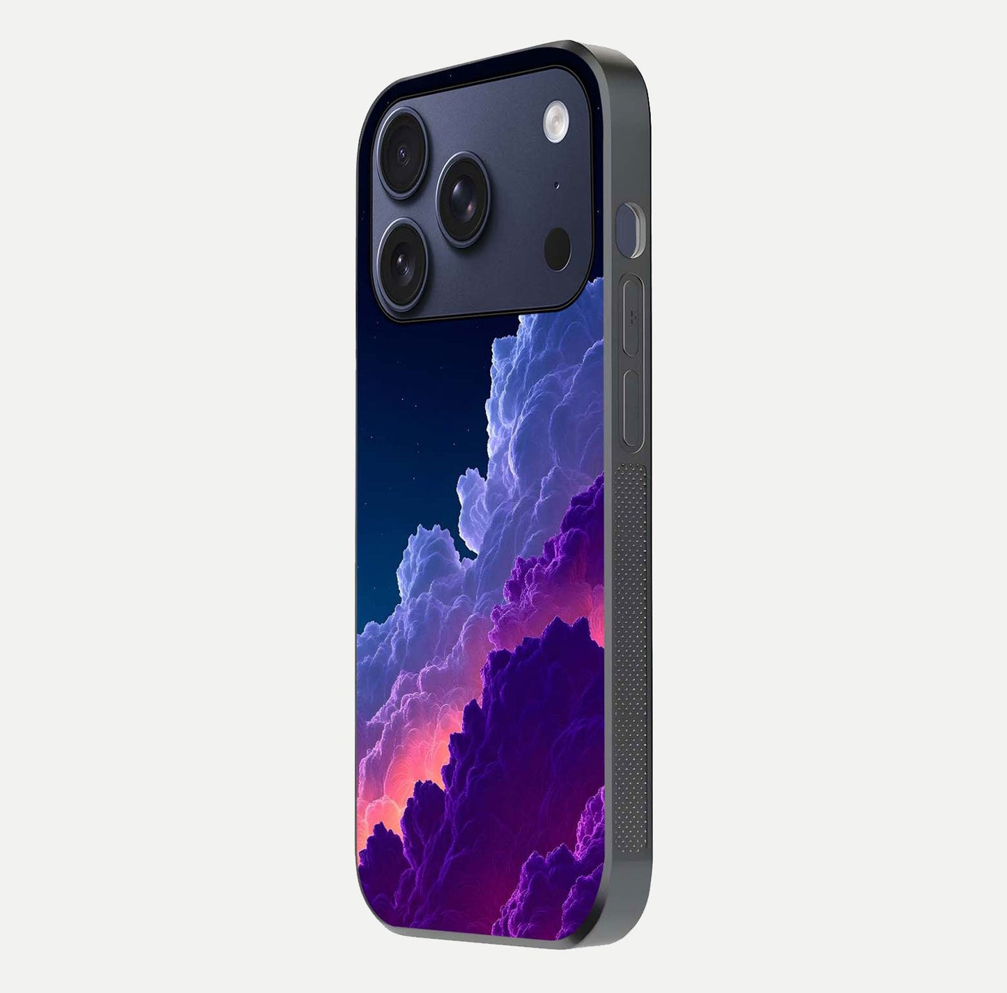Dreamy Cloud Skies Glass Case for iPhone 17 Pro side-angle image showing reflection clarity and polish