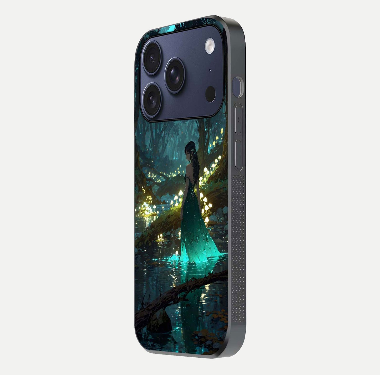 Enchanted Forest Glow Glass Case for iPhone 17 Pro side-angle image capturing shine reflection and rich detail