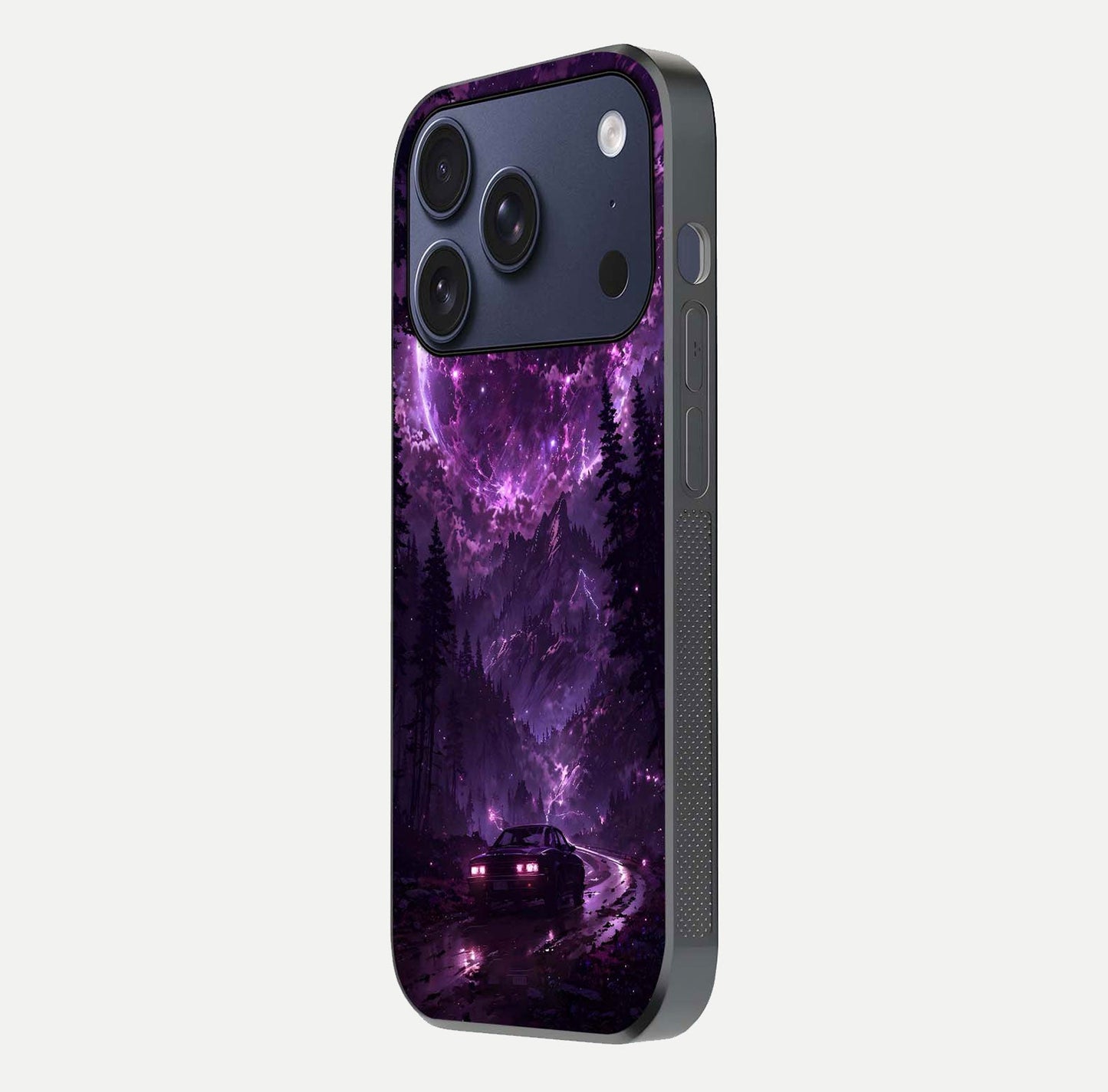 Eternal Cosmic Drive Glass Case for iPhone 17 Pro side-angle image showing reflection texture and color contrast