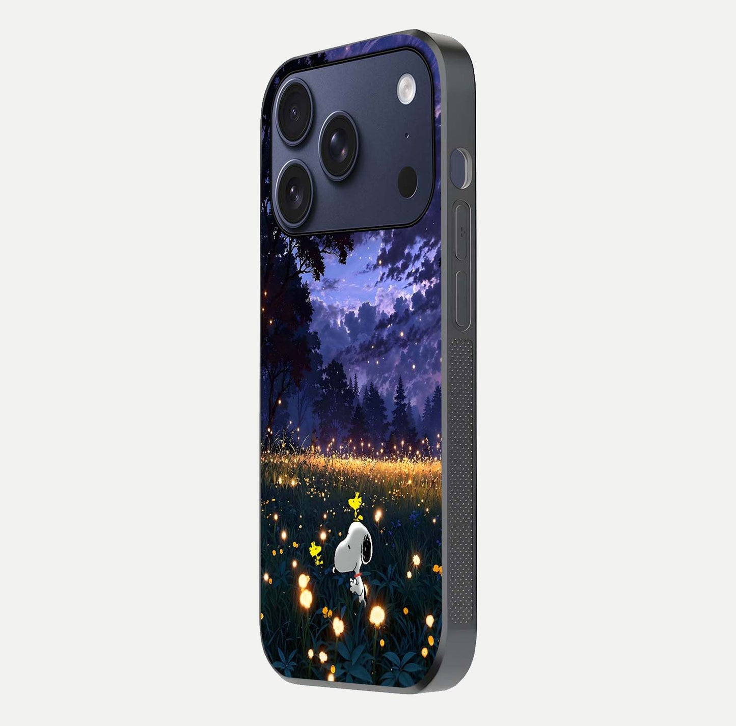 Firefly Meadow Magic Glass Case for iPhone 17 Pro side-angle image capturing glow reflection and fine texture