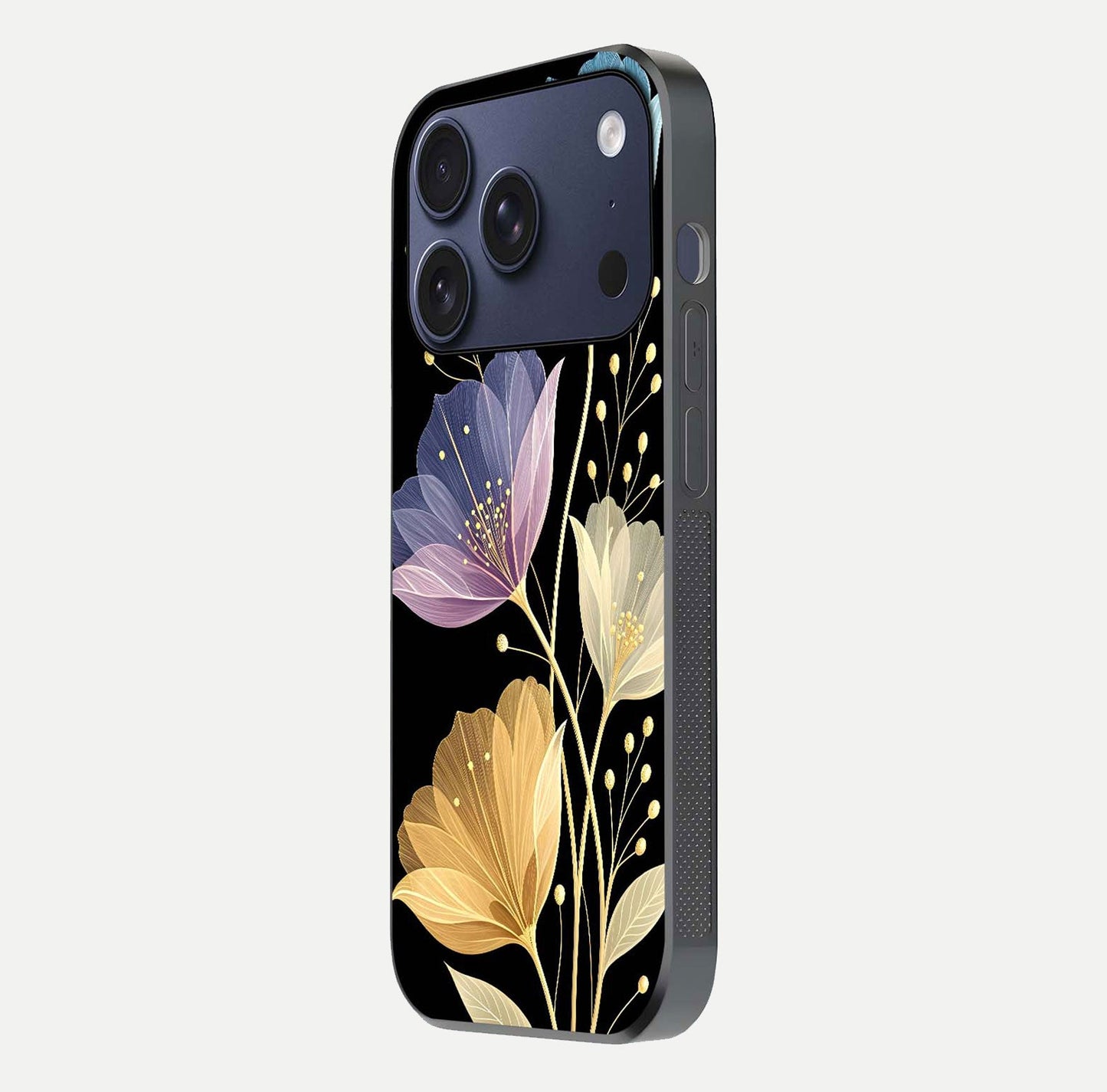 Flower Bloom Glow Glass Case for iPhone 17 Pro side-angle image capturing gloss reflection and flower glow