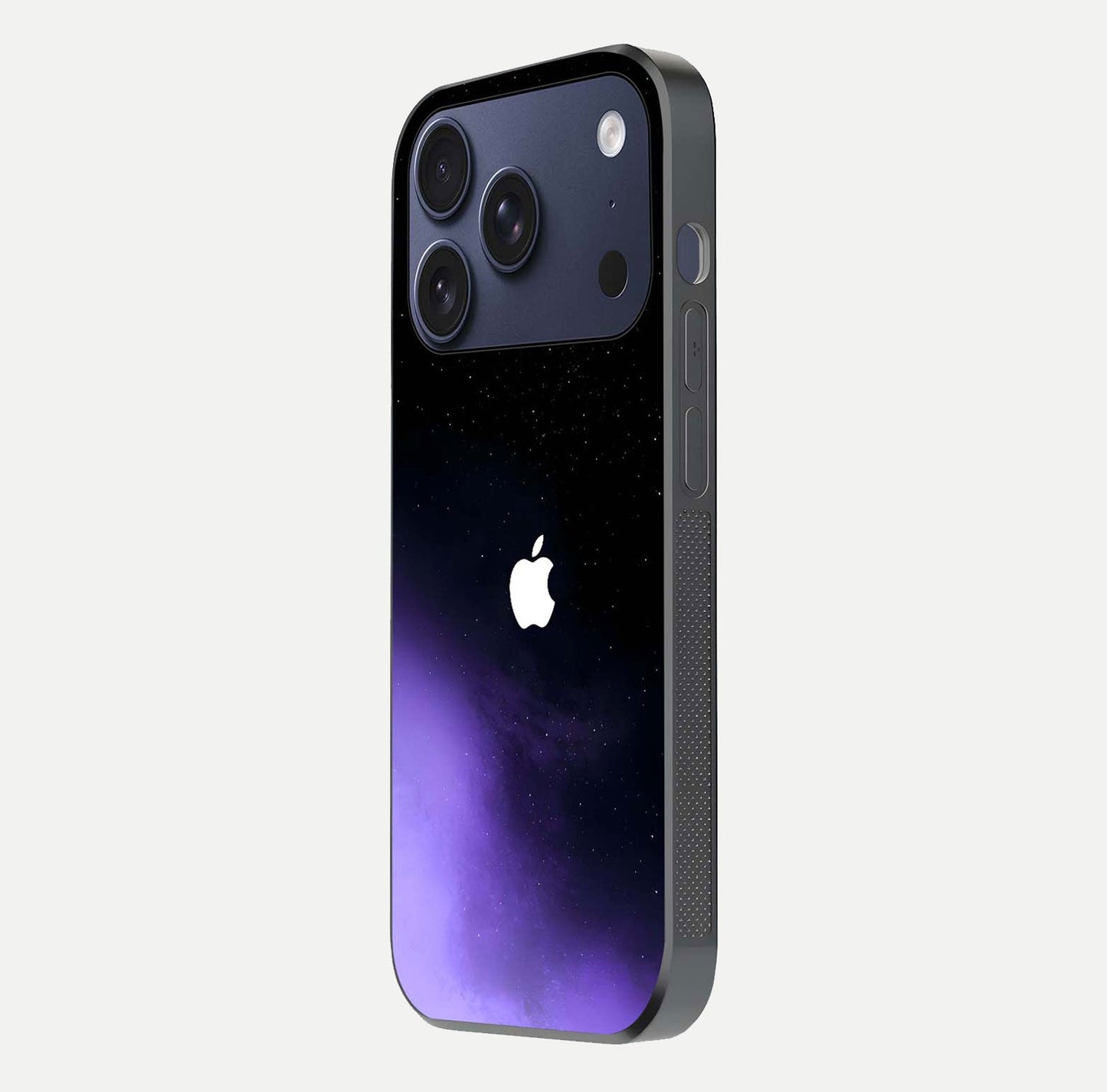 Galaxy Apple Aura Glass Case for iPhone 17 Pro side-angle image showing glossy surface and soft reflection hues